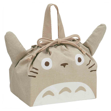 Beige drawstring bag with cartoon face design on a white background image of grey Totoro from Studio Ghibli's My Neighbor Totoro